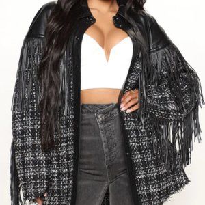 Fringe jacket black & white plaid tweed sweater jacket